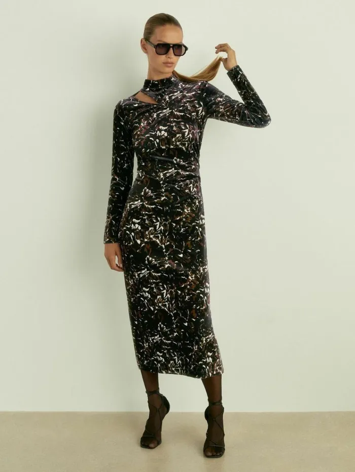 REISS Dresses Women Cut Out Abstract Print Velvet Dress Black