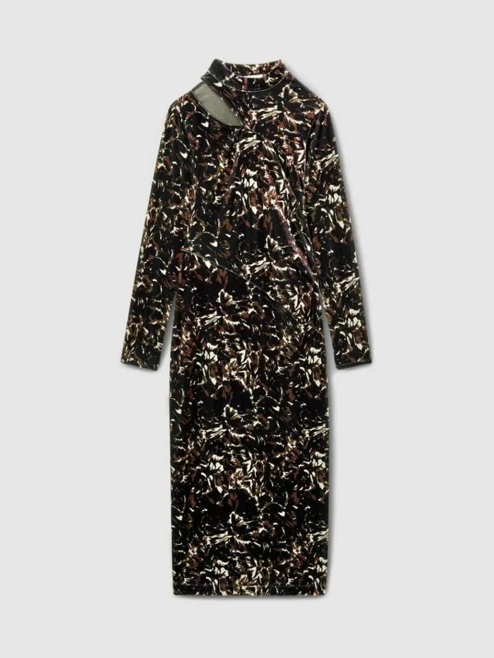 REISS Dresses Women Cut Out Abstract Print Velvet Dress Black