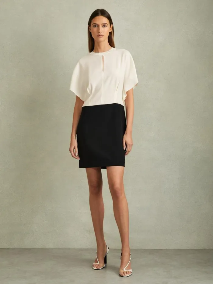 REISS Dresses Women Draped Sleeve Colourblock Mini Dress Ivoryblack