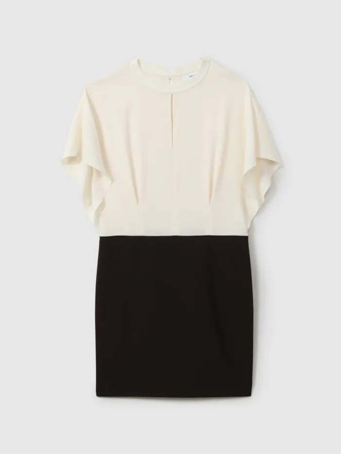 REISS Dresses Women Draped Sleeve Colourblock Mini Dress Ivoryblack