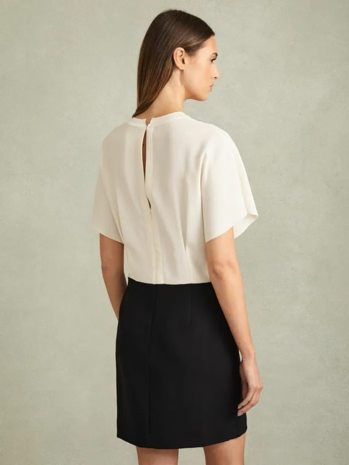REISS Dresses Women Draped Sleeve Colourblock Mini Dress Ivoryblack