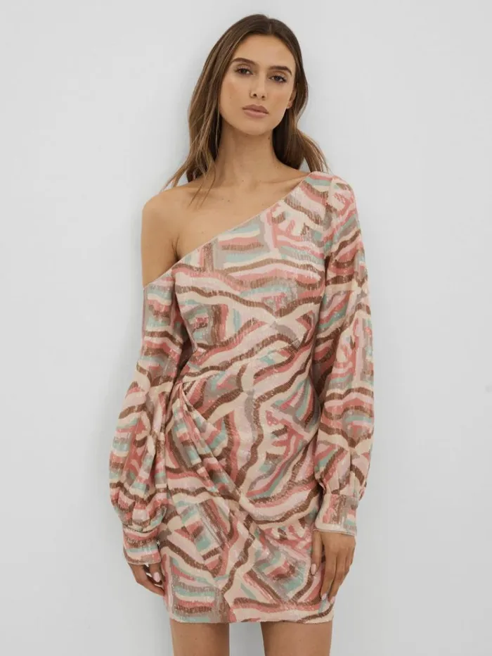 REISS Dresses Women Halston OffTheShoulder Sequin Mini Dress White Print