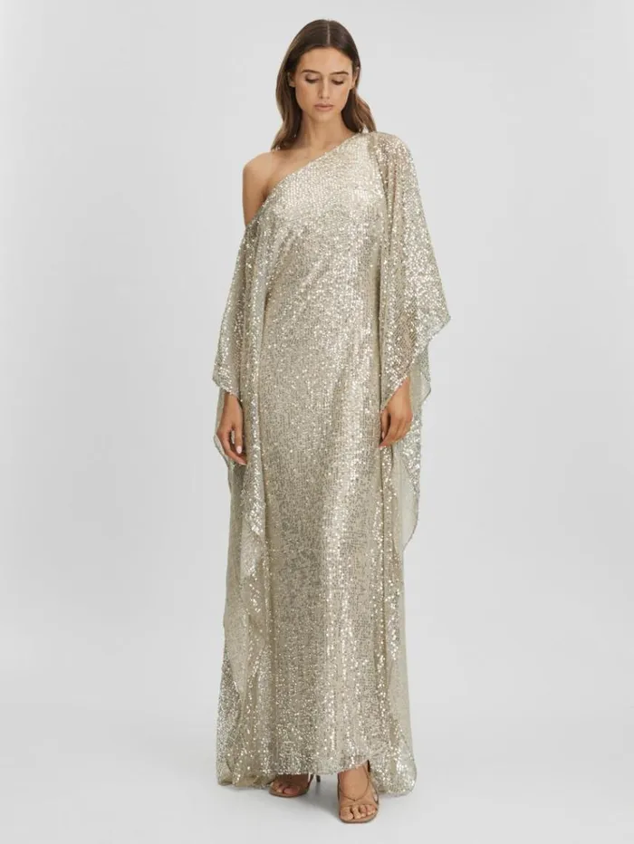 REISS Dresses Women Halston Sequin OffTheShoulder Maxi Dress Champagne