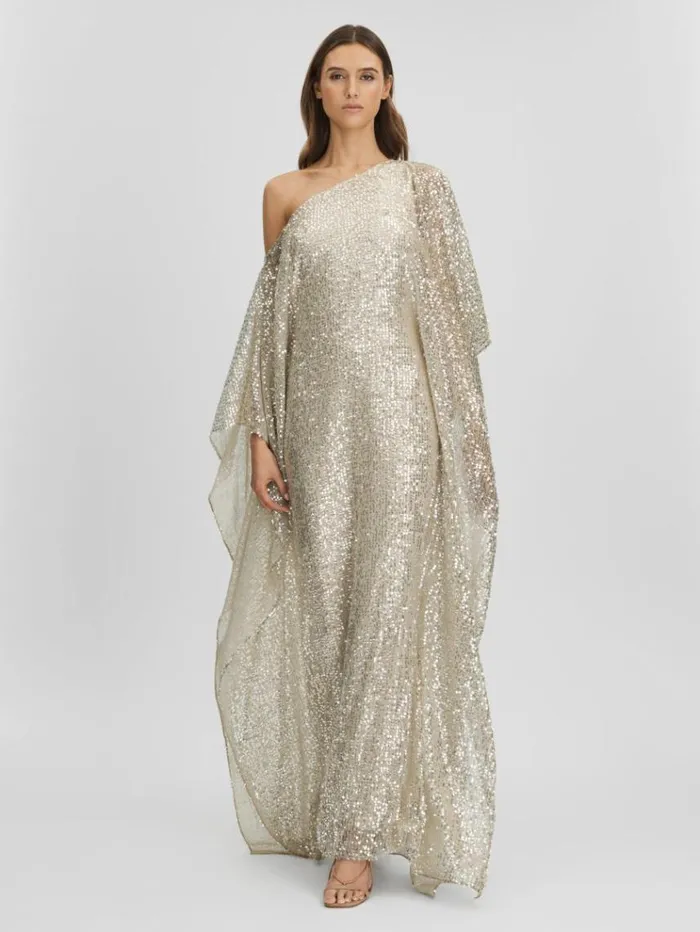 REISS Dresses Women Halston Sequin OffTheShoulder Maxi Dress Champagne