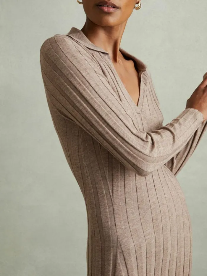 REISS Dresses Women Knitted Open Collar Midi Dress Neutral