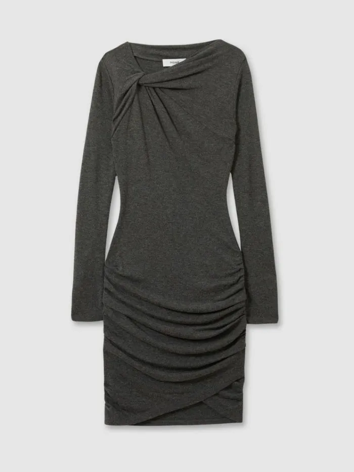 REISS Dresses Women Knitted Twist Detail Mini Dress Grey