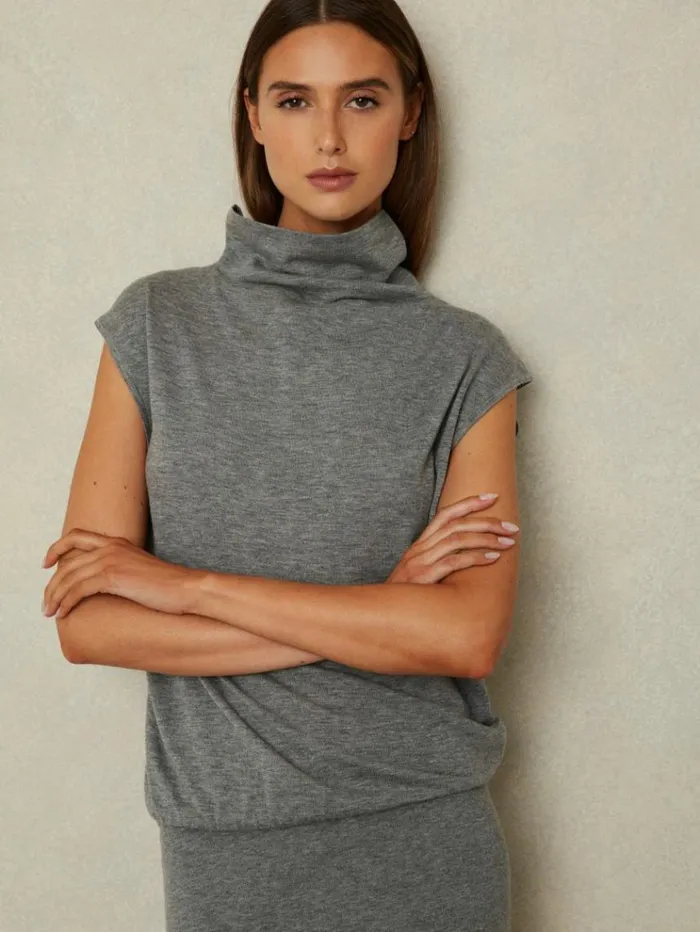 REISS Dresses Women Knitted WoolCashmere Blouson Top Midi Dress Grey