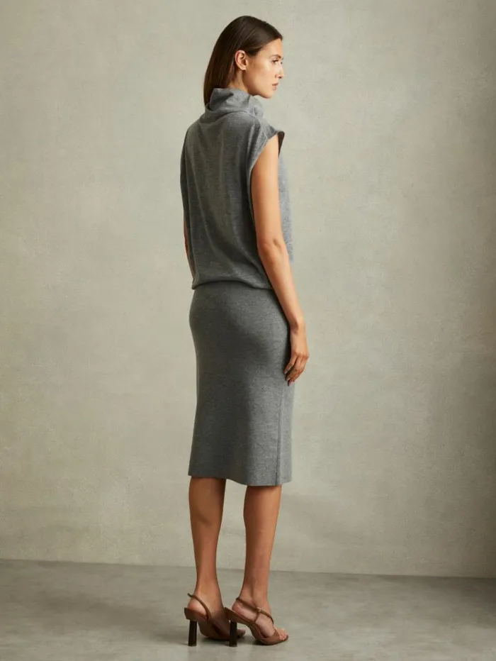 REISS Dresses Women Knitted WoolCashmere Blouson Top Midi Dress Grey
