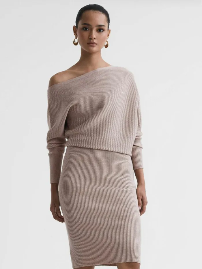 REISS Dresses Women OffTheShoulder Ribbed Midi Dress Neutral