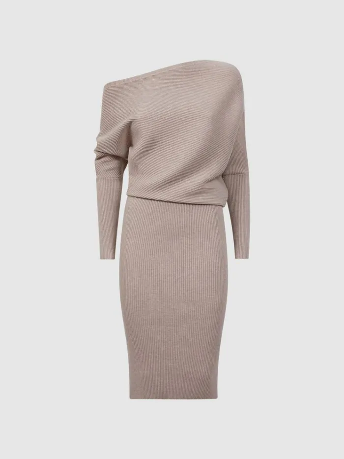 REISS Dresses Women OffTheShoulder Ribbed Midi Dress Neutral