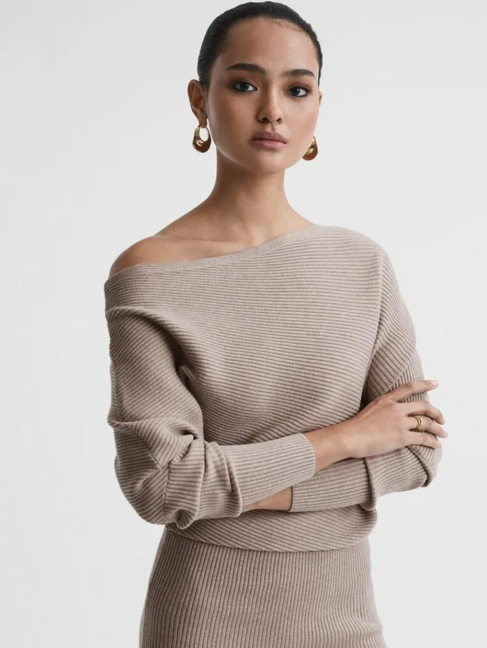 REISS Dresses Women OffTheShoulder Ribbed Midi Dress Neutral