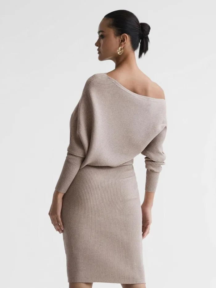 REISS Dresses Women OffTheShoulder Ribbed Midi Dress Neutral