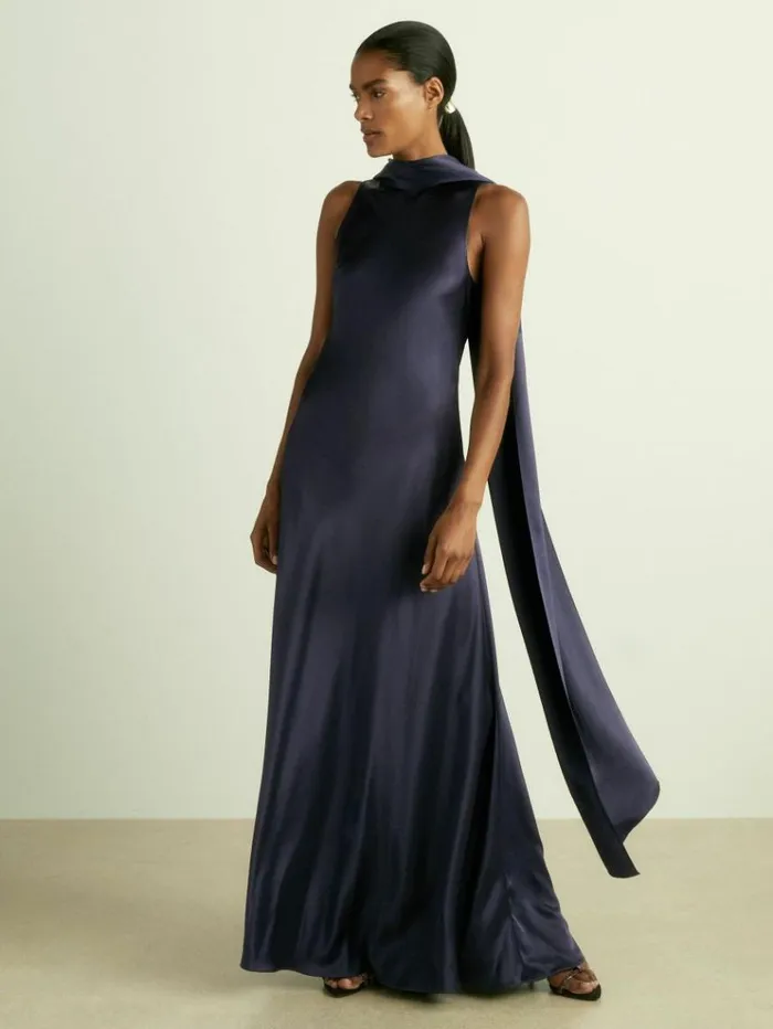 REISS Dresses Women Satin Cape Dress Indigo