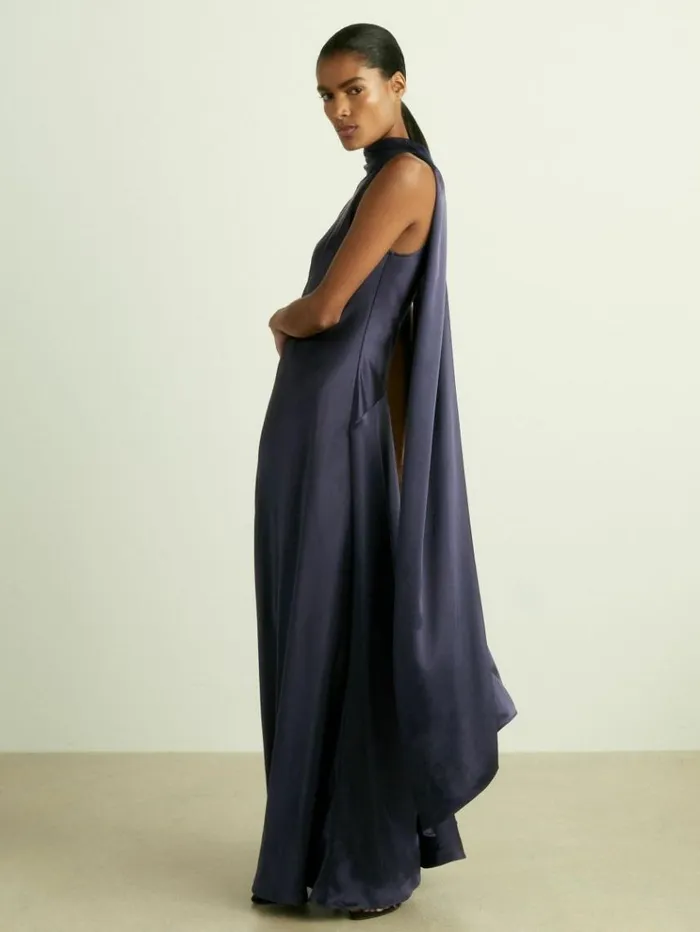 REISS Dresses Women Satin Cape Dress Indigo