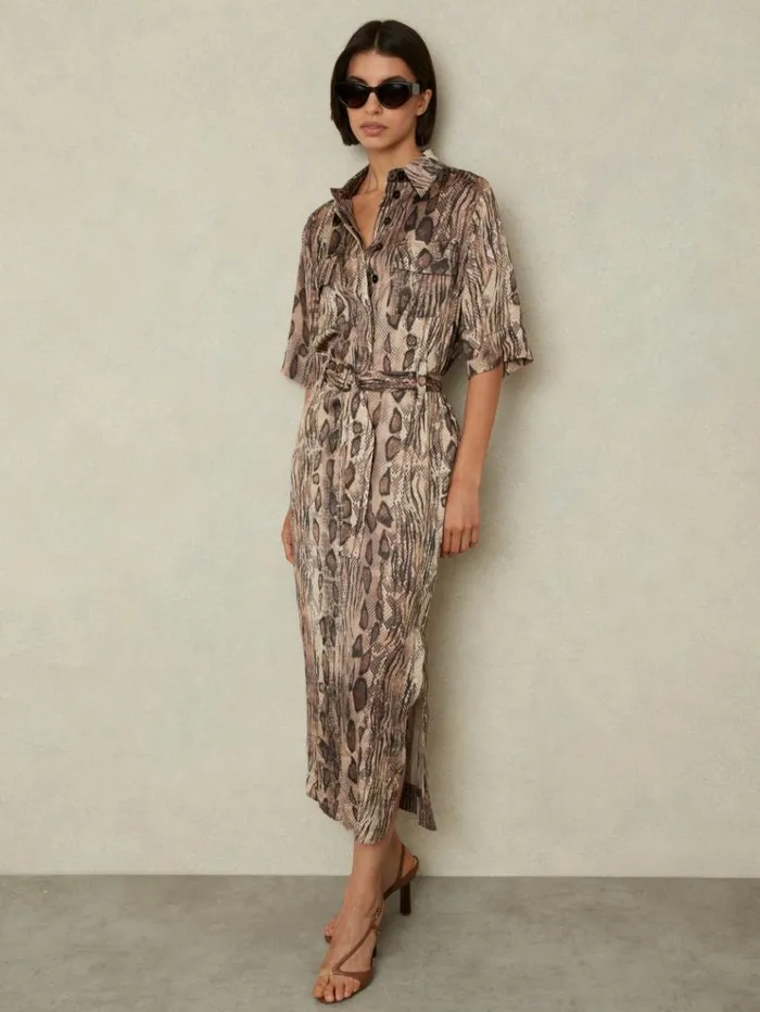 REISS Dresses Women Snake Print Belted Midi Dress Neutral
