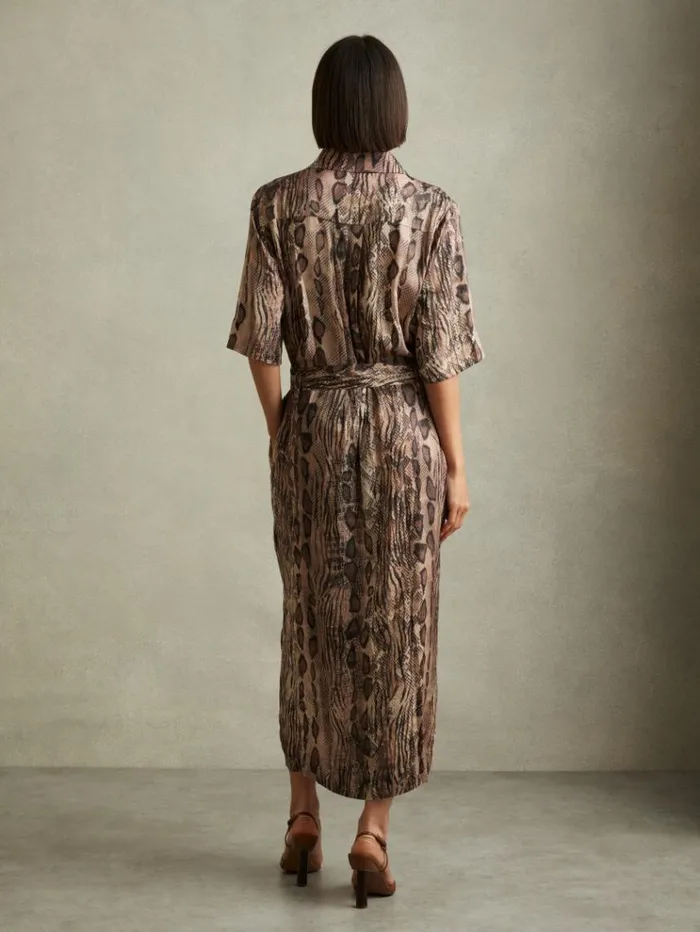 REISS Dresses Women Snake Print Belted Midi Dress Neutral