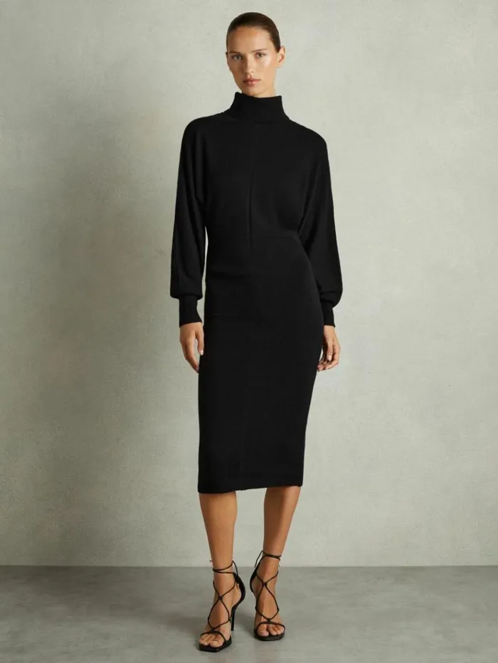 REISS Dresses Women Wool Blend Blouson Sleeve Midi Dress Black