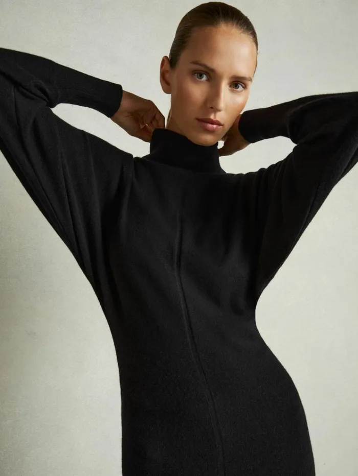 REISS Dresses Women Wool Blend Blouson Sleeve Midi Dress Black