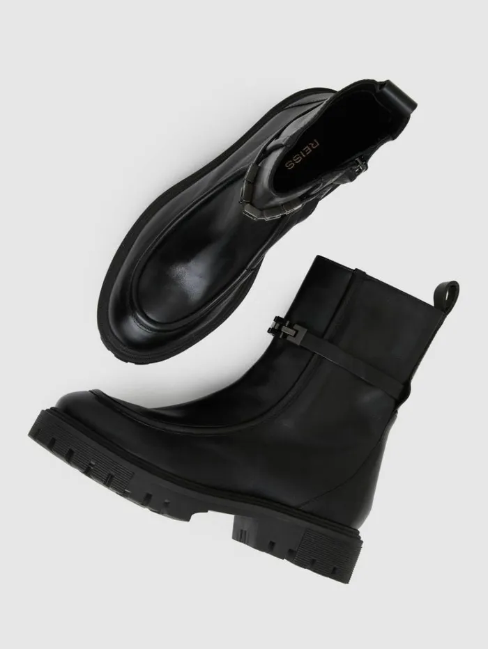 REISS Flats Women Chain Embellished Ankle Boots Black