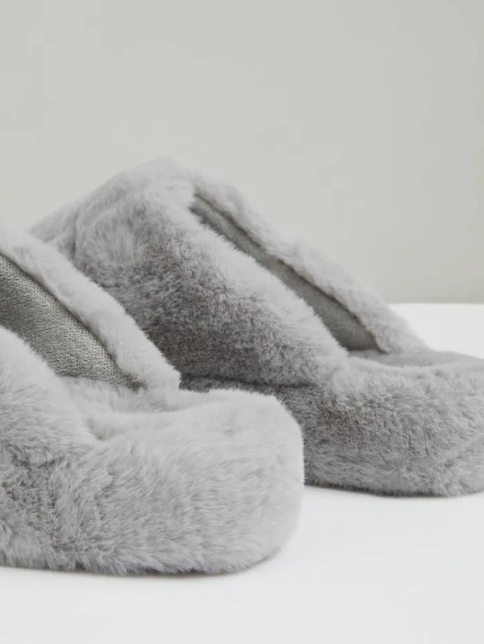REISS Flats Women Faux Fur Slippers Grey