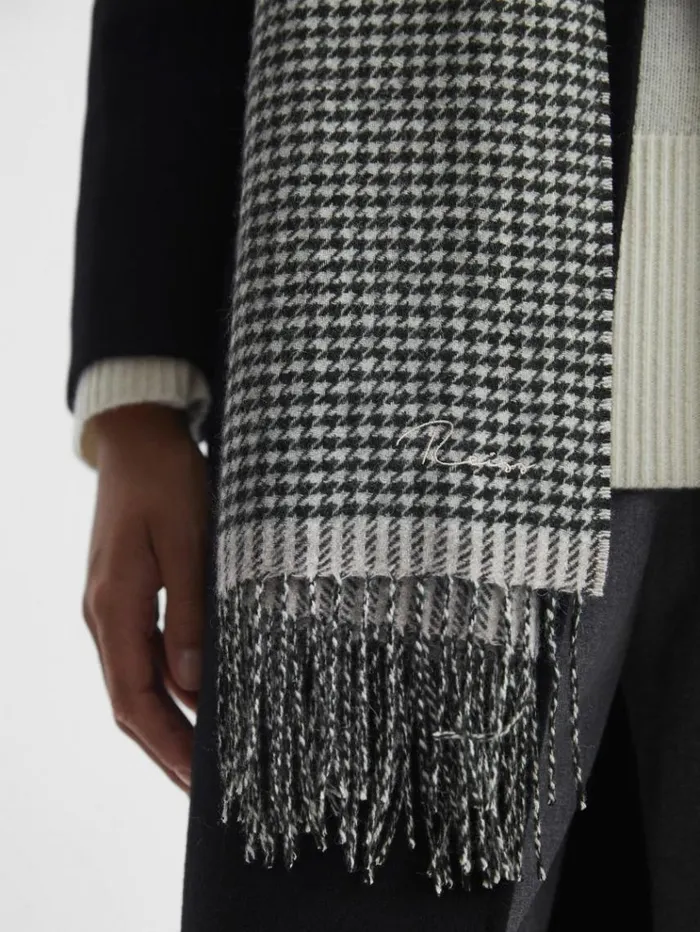 REISS Hats Gloves and Scarves Women Wool Blend Dogtooth Embroidered Scarf Blackwhite