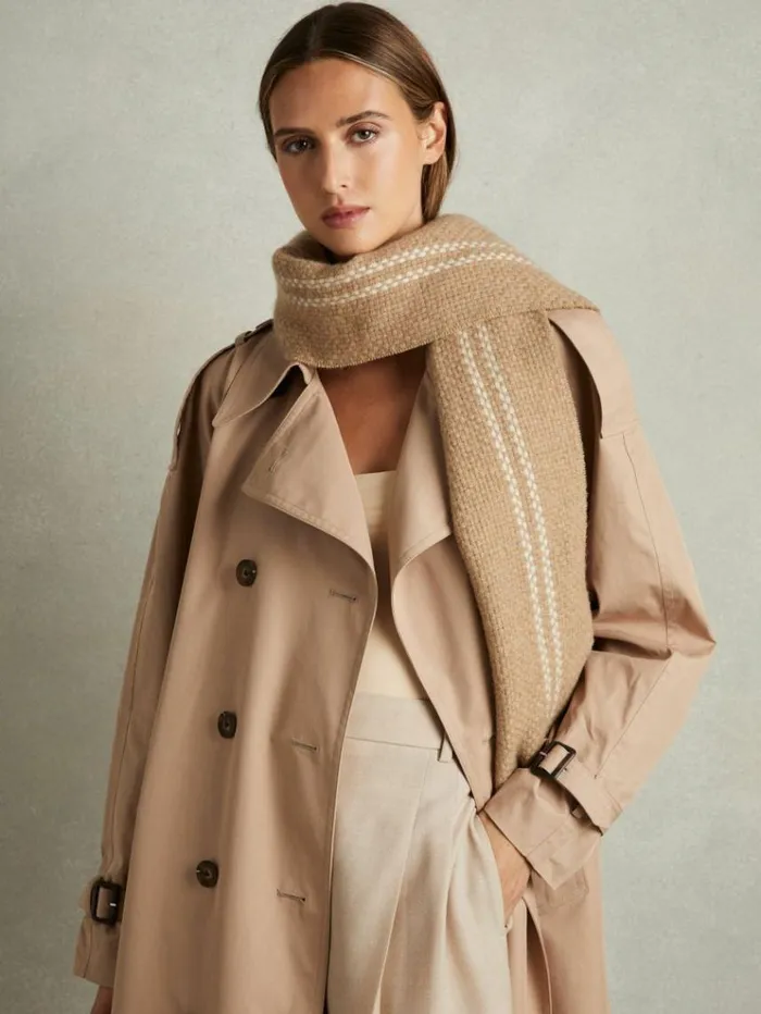 REISS Hats Gloves and Scarves Women Wool Cashmere Fringed Scarf Camel