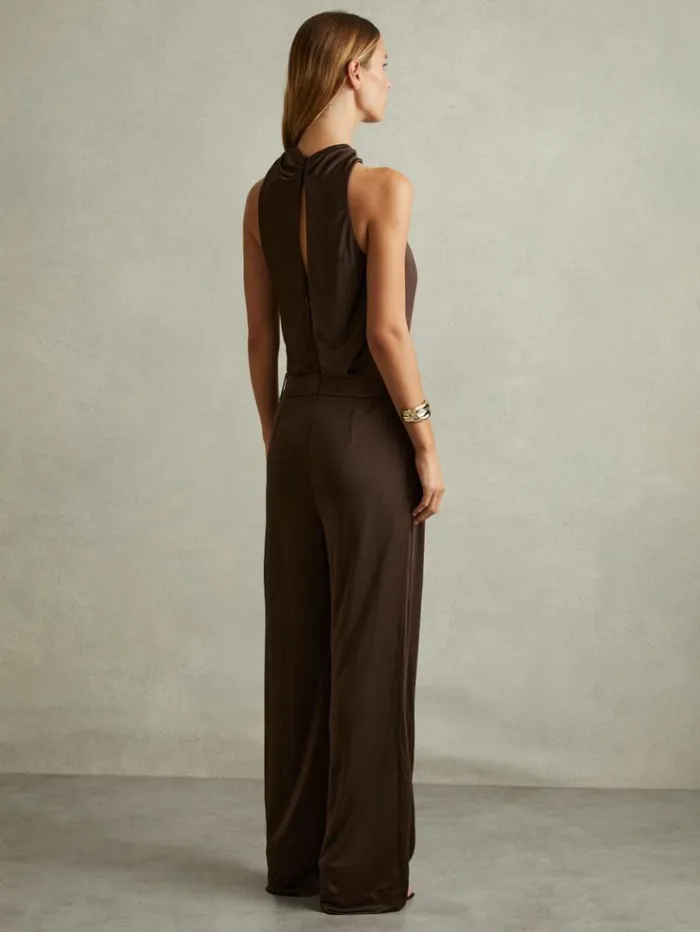 REISS Jumpsuits and Rompers Women Jersey Halter Neck Wide Leg Jumpsuit Chocolate