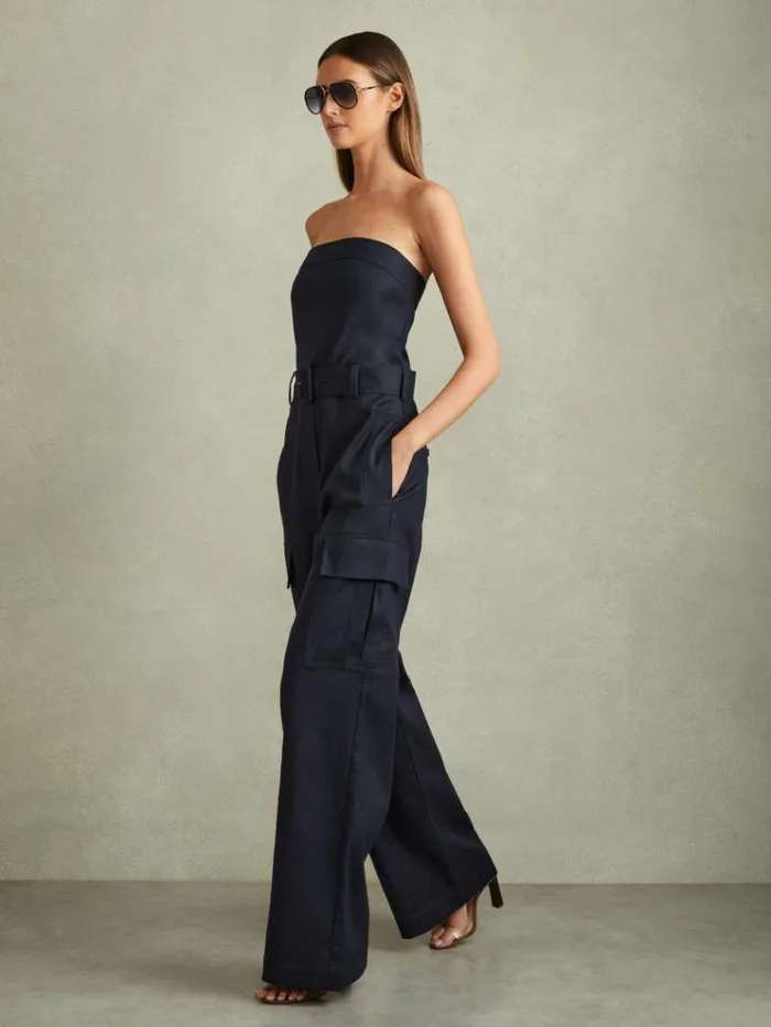 REISS Jumpsuits and Rompers Women Strapless Belted Wide Leg Jumpsuit Navy