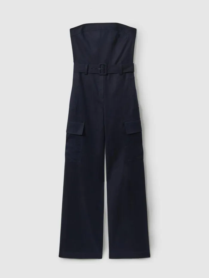 REISS Jumpsuits and Rompers Women Strapless Belted Wide Leg Jumpsuit Navy