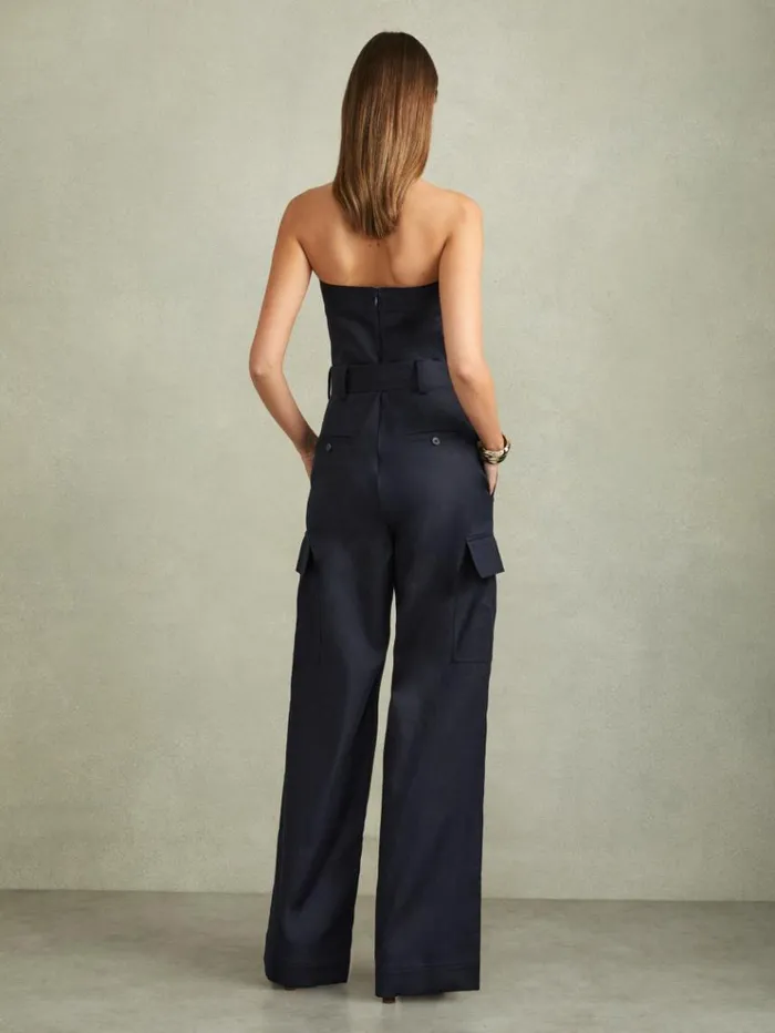 REISS Jumpsuits and Rompers Women Strapless Belted Wide Leg Jumpsuit Navy