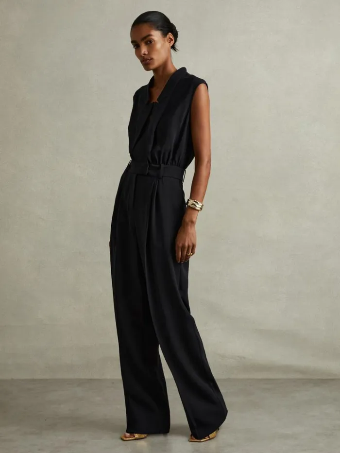 REISS Jumpsuits and Rompers Women Tux Pleated Jumpsuit Navy