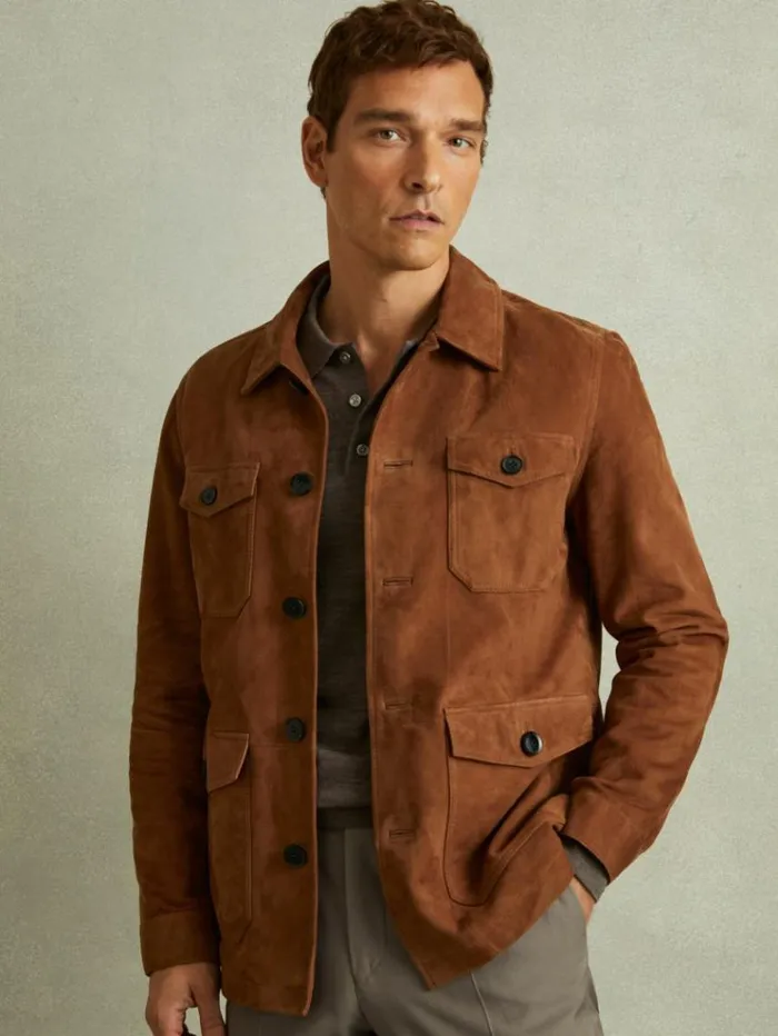 REISS Leather and Suede Jackets Men Suede Front Pocket Jacket Tobacco Brown