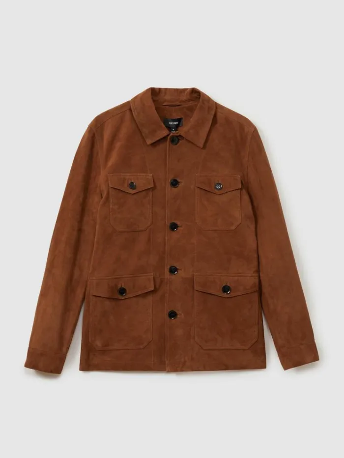 REISS Leather and Suede Jackets Men Suede Front Pocket Jacket Tobacco Brown