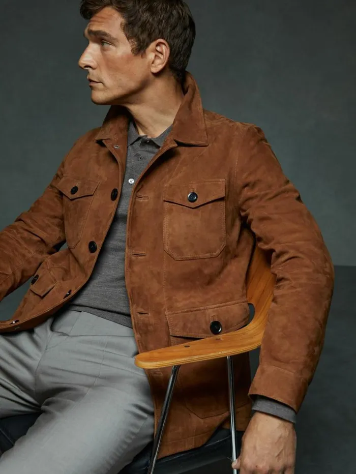 REISS Leather and Suede Jackets Men Suede Front Pocket Jacket Tobacco Brown