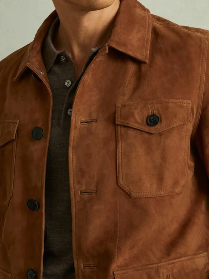 REISS Leather and Suede Jackets Men Suede Front Pocket Jacket Tobacco Brown