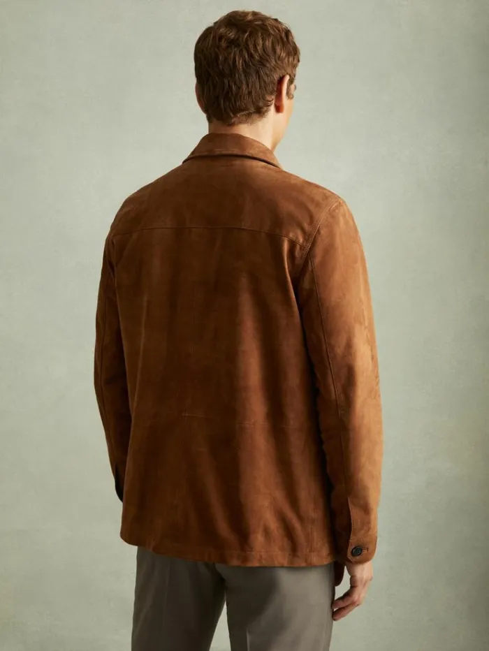 REISS Leather and Suede Jackets Men Suede Front Pocket Jacket Tobacco Brown