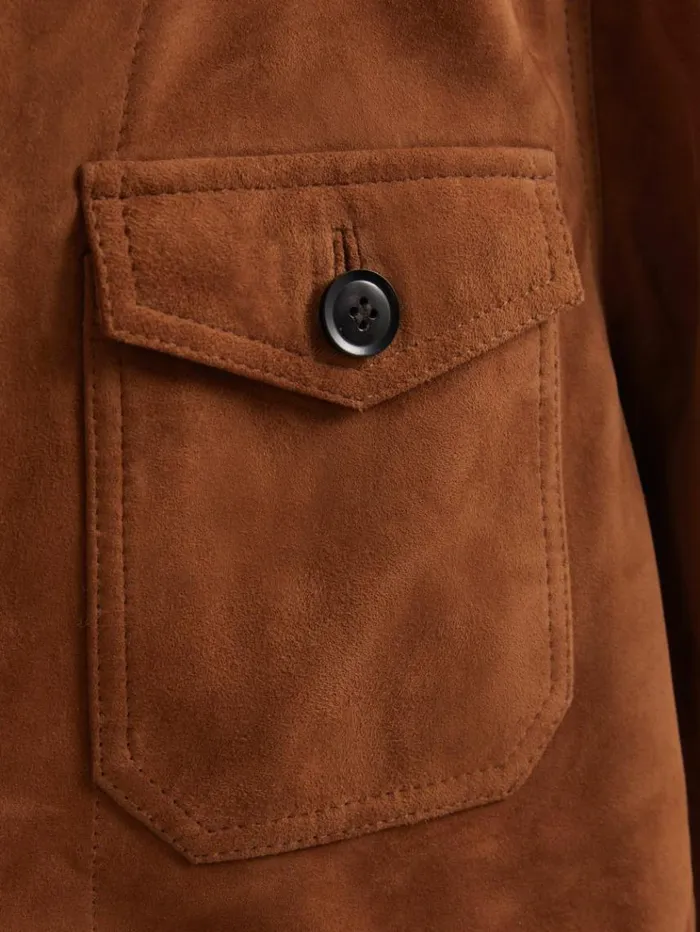 REISS Leather and Suede Jackets Men Suede Front Pocket Jacket Tobacco Brown