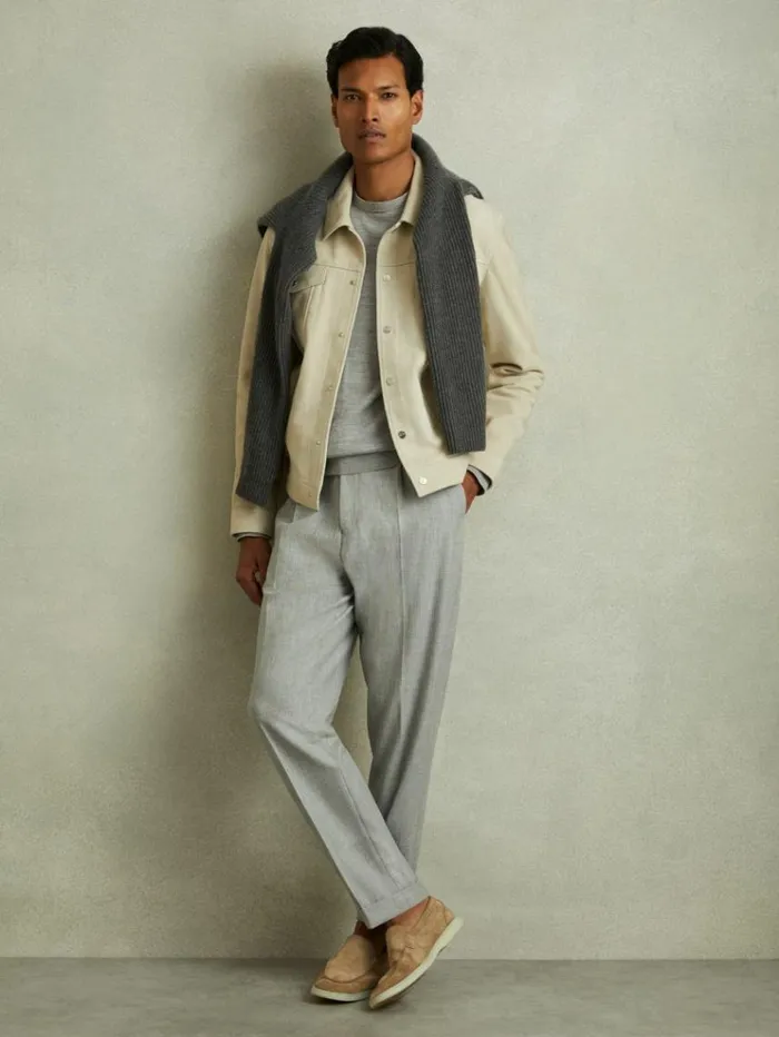 REISS Leather and Suede Jackets Men Suede Trucker Jacket Off White