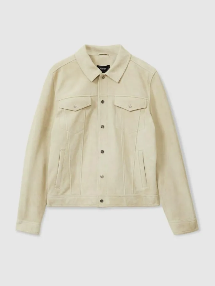 REISS Leather and Suede Jackets Men Suede Trucker Jacket Off White