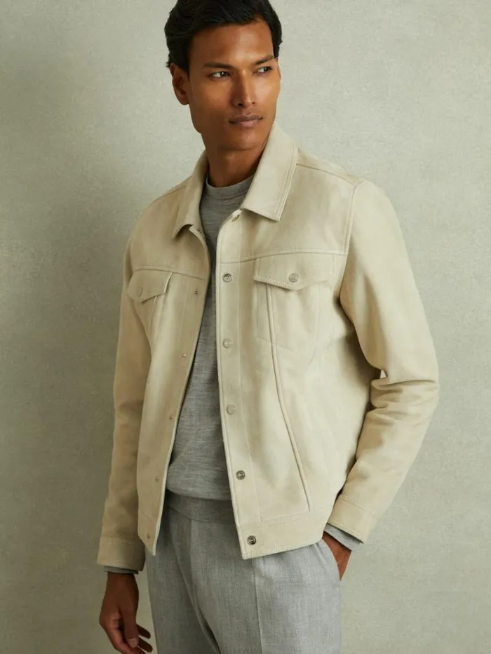 REISS Leather and Suede Jackets Men Suede Trucker Jacket Off White