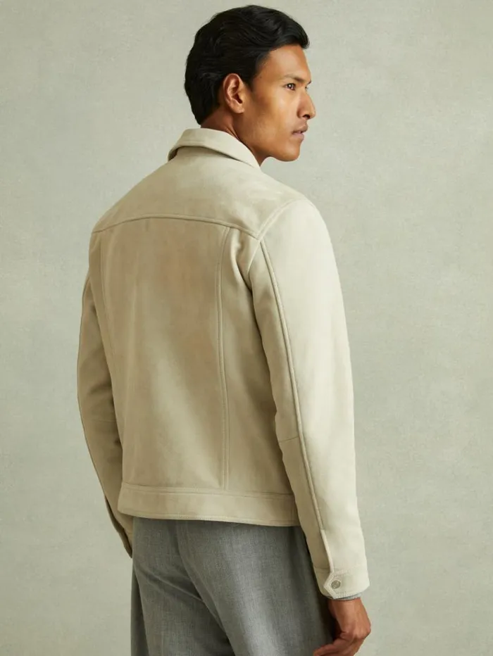 REISS Leather and Suede Jackets Men Suede Trucker Jacket Off White