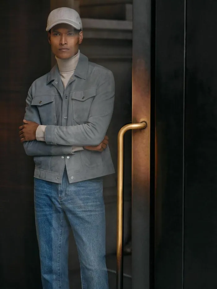 REISS Leather and Suede Jackets Men Suede Trucker Jacket Sky Blue
