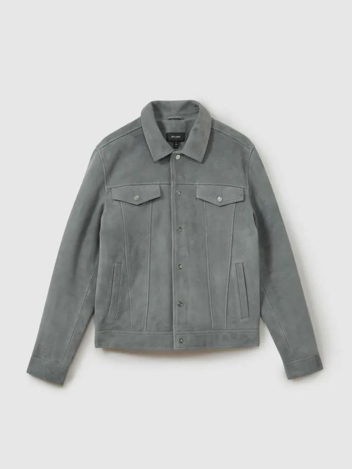 REISS Leather and Suede Jackets Men Suede Trucker Jacket Sky Blue