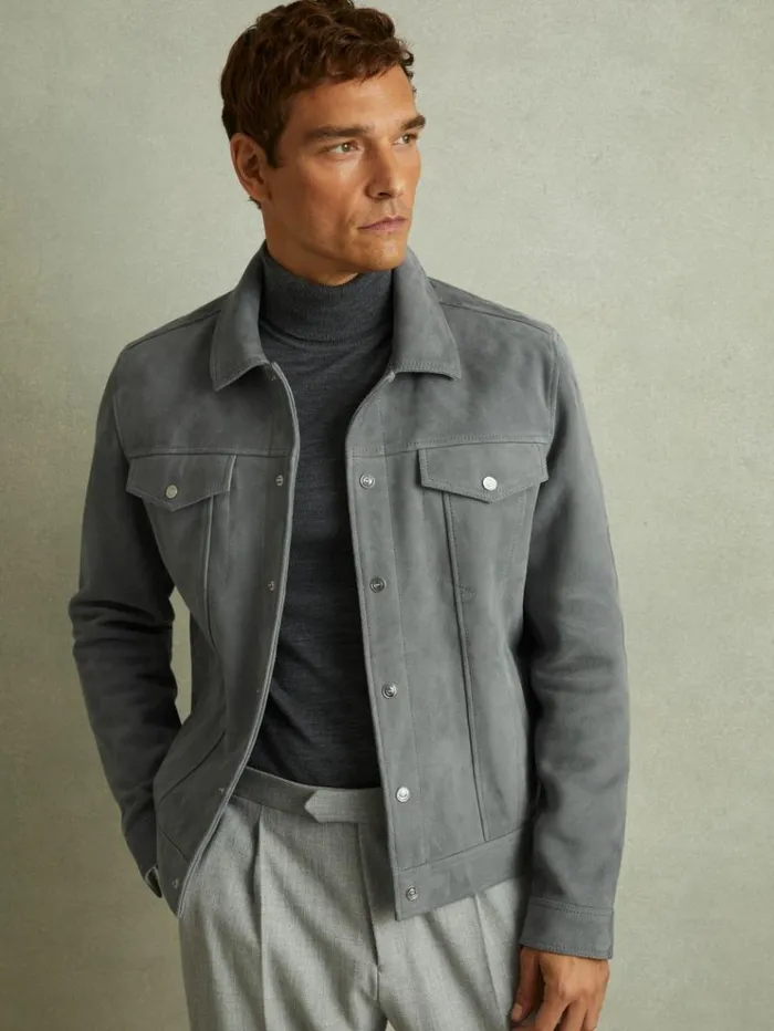 REISS Leather and Suede Jackets Men Suede Trucker Jacket Sky Blue