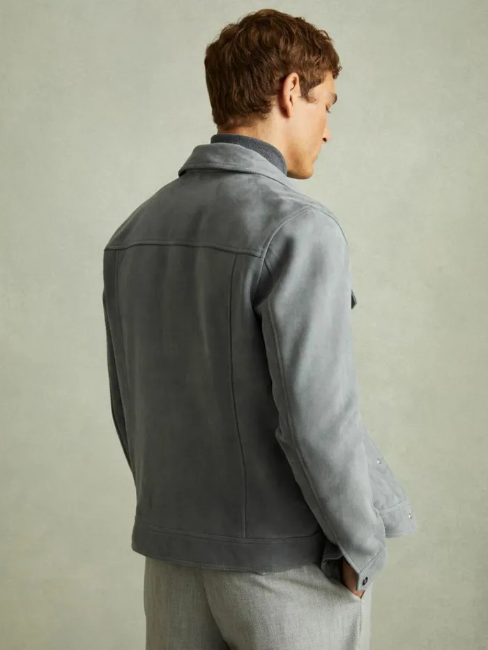 REISS Leather and Suede Jackets Men Suede Trucker Jacket Sky Blue