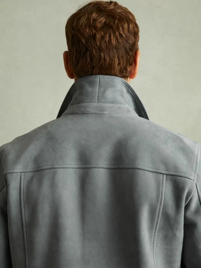 REISS Leather and Suede Jackets Men Suede Trucker Jacket Sky Blue