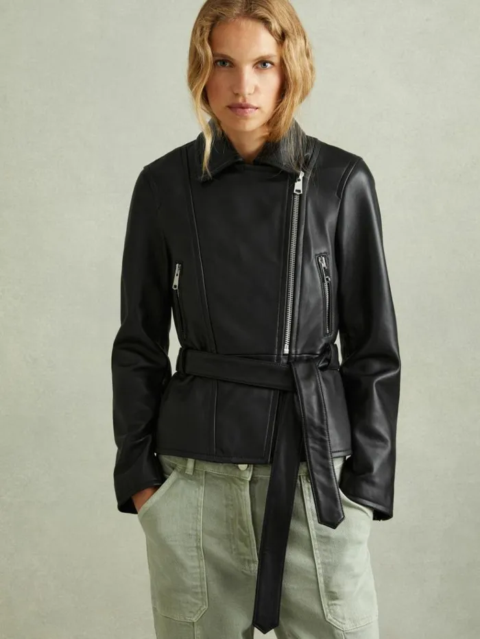 REISS Leather Jackets Women Belted Leather Jacket Black