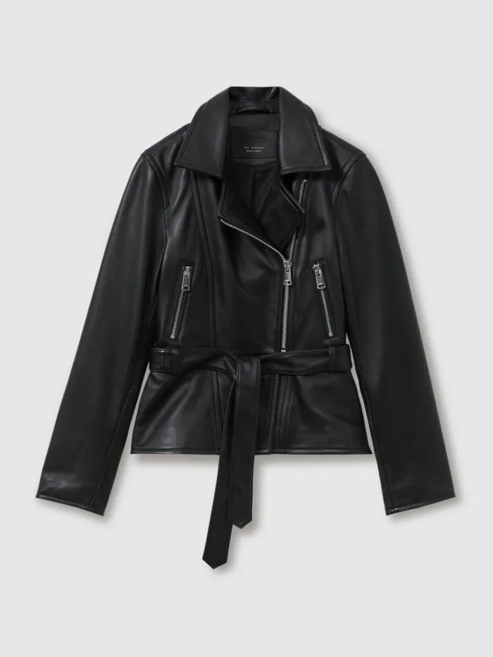 REISS Leather Jackets Women Belted Leather Jacket Black