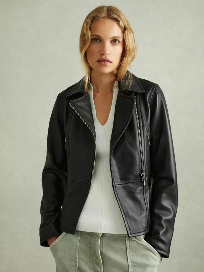 REISS Leather Jackets Women Belted Leather Jacket Black