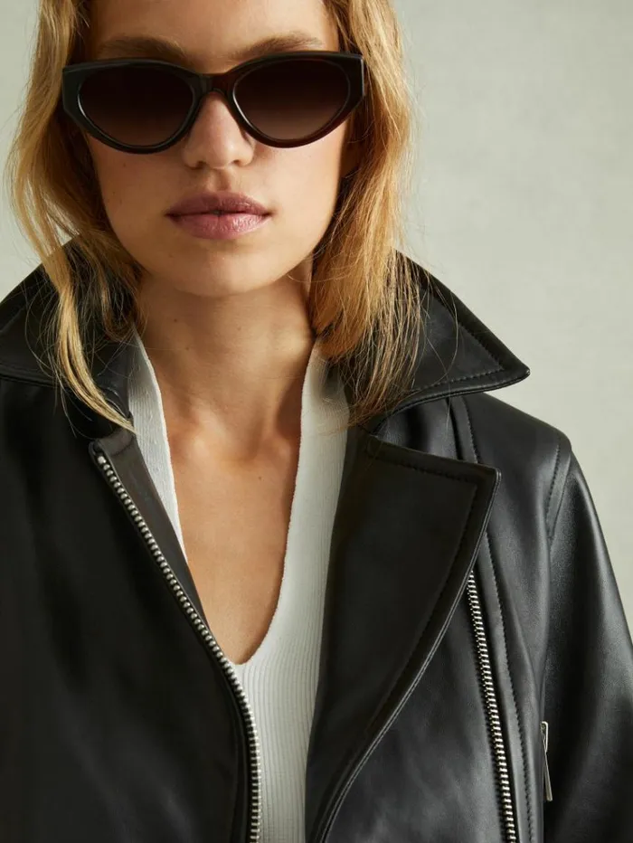 REISS Leather Jackets Women Belted Leather Jacket Black